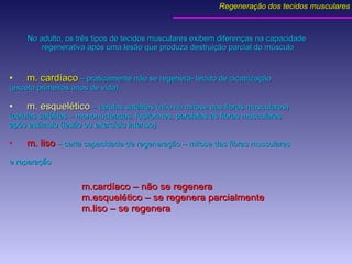 No adulto, os três tipos de tecidos musculares exibem diferenças na capacidade  regenerativa após uma lesão que produza destruição parcial do músculo m. cardíaco   – praticamente não se regenera- tecido de cicatrização  (exceto primeiros anos de vida) m. esquelético  – células satélites (não há mitose das fibras musculares)  (células satélites – mononucleadas, fusiformes, paralelas às fibras musculares após estímulo (lesão ou exercício intenso)  m. liso  – certa capacidade de regeneração – mitose das fibras musculares  e reparação  m.cardíaco – não se regenera m.esquelético – se regenera parcialmente m.liso – se regenera  Regeneração dos tecidos musculares 