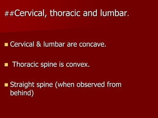 ##Cervical,






thoracic and lumbar.

Cervical & lumbar are concave.
Thoracic spine is convex.
Straight spine (when observed from
behind)

 