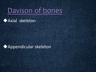 Davison of bones
Axial skeleton
Appendicular skeleton
 