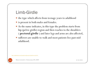 Limb-
                 Limb-Girdle
                       the type which affects from teenage years to adulthood
                       is present in both males and females.
                       As the name indicates, in this type the problem starts from
                       hip (pelvic girdle) region and then reaches to the shoulders
                       ( pectoral girdle ) and later legs and arms are also affected,
                       sufferers are unable to walk and most patients live past mid
                       adulthood.



      http://healthmedcare.com/muscular-dystrophy-types-symptoms-of-each-form/




184              Maria Carmela L. Domocmat, RN, MSN                              8/24/2011
 