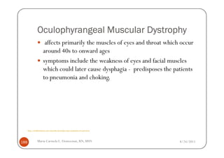 Oculophyrangeal Muscular Dystrophy
                        affects primarily the muscles of eyes and throat which occur
                       around 40s to onward ages
                       symptoms include the weakness of eyes and facial muscles
                       which could later cause dysphagia - predisposes the patients
                       to pneumonia and choking.




      http://healthmedcare.com/muscular-dystrophy-types-symptoms-of-each-form/




188              Maria Carmela L. Domocmat, RN, MSN                              8/24/2011
 