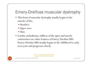 Emery-
      Emery-Dreifuss muscular dystrophy
         This form of muscular dystrophy usually begins in the
         muscles of the:
             Shoulders
             Upper arms
             Shins
         Cardiac arrhythmias, stiffness of the spine and muscle
         contractures are other features of Emery-Dreifuss MD.
         Emery-Dreifuss MD usually begins in the childhood to early
         teen years and progresses slowly.

                                  http://www.mayoclinic.com/health/muscular-
                                  dystrophy/DS00200/DSECTION=symptoms

193   Maria Carmela L. Domocmat, RN, MSN                                       8/24/2011
 