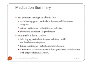 Medication Summary

        nail puncture through an athletic shoe
            the infecting agents may include S aureus and Pseudomonas
            aeruginosa.
            primary antibiotics - ceftazidime or cefepime.
            alternative treatment - Ciprofloxacin
        osteomyelitis due to trauma
            infecting agents include S aureus, coliform bacilli,
            and Pseudomonas aeruginosa.
            Primary antibiotics - nafcillin and ciprofloxacin.
            Alternatives - vancomycin and a third-generation cephalosporin
            with antipseudomonal activity.

22   Maria Carmela L. Domocmat, RN, MSN                                 8/24/2011
 