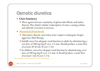 Osmotic diuretics
              Class Summary
                  These agents increase osmolarity of glomerular filtrate and induce
                  diuresis. They hinder tubular reabsorption of water, causing sodium
                  and chloride excretion to increase.
              Mannitol (Osmitrol)
                   Alternative diuretic used when urine output is inadequate despite
                  aggressive fluid therapy.
                  Initially assess for adequate renal function in adults by administering a
                  test dose of 200 mg/kg IV over 3-5 min. Should produce a urine flow
                  of at least 30-50 mL/h over 2-3 h.
                  In children, assess for adequate renal function by administering a test
                  dose of 200 mg/kg IV over 3-5 min. It should produce a urine flow
                  of at least 1 mL/h over 1-3 h.
      http://emedicine.medscape.com/article/827738-clinical#showall



238      Maria Carmela L. Domocmat, RN, MSN                                        8/24/2011
 