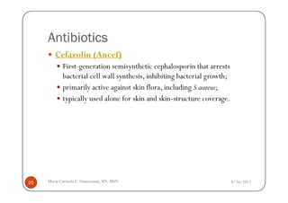 Antibiotics
        Cefazolin (Ancef)
            First-generation semisynthetic cephalosporin that arrests
            bacterial cell wall synthesis, inhibiting bacterial growth;
            primarily active against skin flora, including S aureus;
            typically used alone for skin and skin-structure coverage.




25   Maria Carmela L. Domocmat, RN, MSN                                   8/24/2011
 
