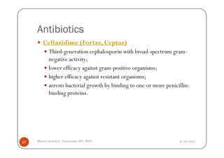 Antibiotics
        Ceftazidime (Fortaz, Ceptaz)
            Third-generation cephalosporin with broad-spectrum gram-
            negative activity;
            lower efficacy against gram-positive organisms;
            higher efficacy against resistant organisms;
            arrests bacterial growth by binding to one or more penicillin-
            binding proteins.




27   Maria Carmela L. Domocmat, RN, MSN                              8/24/2011
 