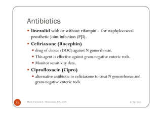 Antibiotics
        linezolid with or without rifampin - for staphylococcal
        prosthetic joint infection (PJI).
        Ceftriaxone (Rocephin)
            drug of choice (DOC) against N gonorrhoeae.
            This agent is effective against gram-negative enteric rods.
            Monitor sensitivity data.
        Ciprofloxacin (Cipro)
            alternative antibiotic to ceftriaxone to treat N gonorrhoeae and
            gram-negative enteric rods.



51   Maria Carmela L. Domocmat, RN, MSN                               8/24/2011
 