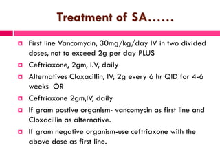 Treatment of SA……
 First line Vancomycin, 30mg/kg/day IV in two divided
doses, not to exceed 2g per day PLUS
 Ceftriaxone, 2gm, I.V, daily
 Alternatives Cloxacillin, IV, 2g every 6 hr QID for 4-6
weeks OR
 Ceftriaxone 2gm,IV, daily
 If gram postive organism- vancomycin as first line and
Cloxacillin as alternative.
 If gram negative organism-use ceftriaxone with the
above dose as first line.
 