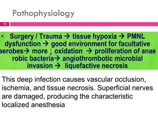 Pathophysiology
178
This deep infection causes vascular occlusion,
ischemia, and tissue necrosis. Superficial nerves
are damaged, producing the characteristic
localized anesthesia
 