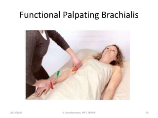 Functional Palpating Brachialis
11/14/2019 K. Soundararajan, MPT, SRIHER 76
 