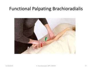 Functional Palpating Brachioradialis
11/14/2019 K. Soundararajan, MPT, SRIHER 77
 