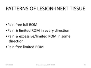 PATTERNS OF LESION-INERT TISSUE
•Pain free full ROM
•Pain & limited ROM in every direction
•Pain & excessive/limited ROM in some
direction
•Pain free limited ROM
11/14/2019 K. Soundararajan, MPT, SRIHER 99
 
