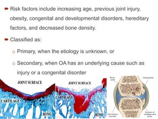  Risk factors include increasing age, previous joint injury,
obesity, congenital and developmental disorders, hereditary
factors, and decreased bone density.
 Classified as:
o Primary, when the etiology is unknown, or
o Secondary, when OA has an underlying cause such as
injury or a congenital disorder
 