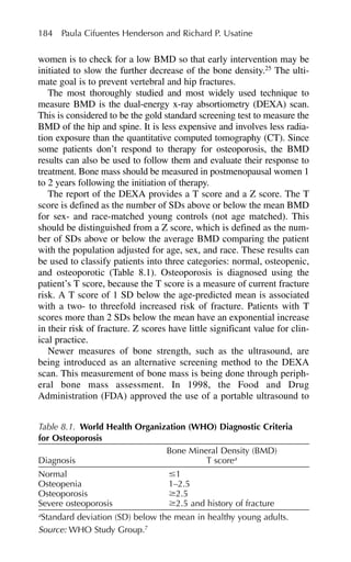 women is to check for a low BMD so that early intervention may be
initiated to slow the further decrease of the bone density.25
The ulti-
mate goal is to prevent vertebral and hip fractures.
The most thoroughly studied and most widely used technique to
measure BMD is the dual-energy x-ray absortiometry (DEXA) scan.
This is considered to be the gold standard screening test to measure the
BMD of the hip and spine. It is less expensive and involves less radia-
tion exposure than the quantitative computed tomography (CT). Since
some patients don’t respond to therapy for osteoporosis, the BMD
results can also be used to follow them and evaluate their response to
treatment. Bone mass should be measured in postmenopausal women 1
to 2 years following the initiation of therapy.
The report of the DEXA provides a T score and a Z score. The T
score is defined as the number of SDs above or below the mean BMD
for sex- and race-matched young controls (not age matched). This
should be distinguished from a Z score, which is defined as the num-
ber of SDs above or below the average BMD comparing the patient
with the population adjusted for age, sex, and race. These results can
be used to classify patients into three categories: normal, osteopenic,
and osteoporotic (Table 8.1). Osteoporosis is diagnosed using the
patient’s T score, because the T score is a measure of current fracture
risk. A T score of 1 SD below the age-predicted mean is associated
with a two- to threefold increased risk of fracture. Patients with T
scores more than 2 SDs below the mean have an exponential increase
in their risk of fracture. Z scores have little significant value for clin-
ical practice.
Newer measures of bone strength, such as the ultrasound, are
being introduced as an alternative screening method to the DEXA
scan. This measurement of bone mass is being done through periph-
eral bone mass assessment. In 1998, the Food and Drug
Administration (FDA) approved the use of a portable ultrasound to
184 Paula Cifuentes Henderson and Richard P. Usatine
Table 8.1. World Health Organization (WHO) Diagnostic Criteria
for Osteoporosis
Bone Mineral Density (BMD)
Diagnosis T scorea
Normal ⱕ1
Osteopenia 1–2.5
Osteoporosis ⱖ2.5
Severe osteoporosis ⱖ2.5 and history of fracture
a
Standard deviation (SD) below the mean in healthy young adults.
Source: WHO Study Group.7
 