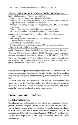 useful if obtained prior to starting treatment and then repeated in 3 to
6 months to measure the response. Despite the fact that these markers
may identify changes in bone remodeling, they do not predict fracture
risk.
These tests are very expensive and are not recommended for
screening or as the first-line studies to follow treatment response.
However, if the BMD does not increase with treatment, one might
order the turnover markers for further assessment.
Prevention and Treatment
Nonpharmacological
Nonpharmacological therapy for prevention and treatment of osteo-
porosis includes adequate dietary intake of calcium and vitamin D,
weight-bearing exercise, fall precautions, no smoking, and avoidance
of excessive alcohol intake. These steps should be started early in life
and continued through menopause because BMD peaks at about age
35 and then begins to decline with accelerated bone loss after
menopause.
186 Paula Cifuentes Henderson and Richard P. Usatine
Table 8.2. Indications for Bone Mineral Density (BMD) Screening
National Osteoporosis Foundation guidelinesa
Women ⬎65 willing to start therapy if BMD low
Women ⬍65 postmenopausal with at least one additional risk factor
All postmenopausal women with fractures
Women considering therapy for osteoporosis, and BMD would affect
decision
Women who have received HRT for a prolonged period
No formal guideline developed in premenopausal women
American Association of Clinical Endocrinologists clinical practice
guidelinesb
Perimenopausal women willing to start therapy if BMD low
X-ray evidence of bone loss
Asymptomatic hyperparathyroidism
Monitoring therapeutic response and BMD would affect decision
Long-term use of glucocorticoid
BMD ⫽ bone mineral density; HRT ⫽ hormone replacement therapy.
a
National Osteoporosis Foundation (NOF). Physician’s guide to preven-
tion and treatment of osteoporosis. Washington, DC: NOF, 1998, 2000
b
American Association of Clinical Endocrinologists (AACE). Clinical prac-
tice guidelines for the prevention and treatment of postmenopausal osteo-
porosis. Endocrinol Pract 1996;2(2):157–71.
 