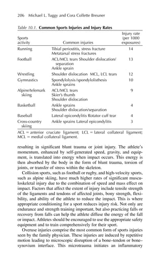 resulting in significant blunt trauma or joint injury. The athlete’s
momentum, enhanced by self-generated speed, gravity, and equip-
ment, is translated into energy when impact occurs. This energy is
then absorbed by the body in the form of blunt trauma, torsion of
joints, or transfer of stress within the skeleton.
Collision sports, such as football or rugby, and high-velocity sports,
such as alpine skiing, have much higher rates of significant muscu-
loskeletal injury due to the combination of speed and mass effect on
impact. Factors that affect the extent of injury include tensile strength
of the ligaments and tendons of affected joints, bony strength, flexi-
bility, and ability of the athlete to reduce the impact. This is where
appropriate conditioning for a sport reduces injury risk. Not only are
endurance and strength training important, but also practicing falls or
recovery from falls can help the athlete diffuse the energy of the fall
or impact. Athletes should be encouraged to use the appropriate safety
equipment and to train comprehensively for their sport.
Overuse injuries comprise the most common form of sports injuries
seen by the family physician. These injuries are induced by repetitive
motion leading to microscopic disruption of a bone–tendon or bone–
synovium interface. This microtrauma initiates an inflammatory
206 Michael L. Tuggy and Cora Collette Breuner
Table 10.1. Common Sports Injuries and Injury Rates
Injury rate
Sports (per 1000
activity Common injuries exposures)
Running Tibial periostitis, stress fracture 14
Metatarsal stress fractures
Football ACL/MCL tears Shoulder dislocation/ 13
separation
Ankle sprain
Wrestling Shoulder dislocation MCL, LCL tears 12
Gymnastics Spondylolysis/spondylolisthesis 10
Ankle sprains
Alpine/telemark ACL/MCL tears 9
skiing Skier’s thumb
Shoulder dislocation
Basketball Ankle sprains 4
Shoulder dislocation/separation
Baseball Lateral epicondylitis Rotator cuff tear 4
Cross-country Ankle sprains Lateral epicondylitis 3
skiing
ACL ⫽ anterior cruciate ligament; LCL ⫽ lateral collateral ligament;
MCL ⫽ medial collateral ligament.
 