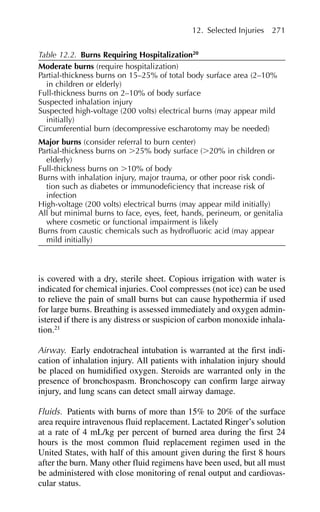 is covered with a dry, sterile sheet. Copious irrigation with water is
indicated for chemical injuries. Cool compresses (not ice) can be used
to relieve the pain of small burns but can cause hypothermia if used
for large burns. Breathing is assessed immediately and oxygen admin-
istered if there is any distress or suspicion of carbon monoxide inhala-
tion.21
Airway. Early endotracheal intubation is warranted at the first indi-
cation of inhalation injury. All patients with inhalation injury should
be placed on humidified oxygen. Steroids are warranted only in the
presence of bronchospasm. Bronchoscopy can confirm large airway
injury, and lung scans can detect small airway damage.
Fluids. Patients with burns of more than 15% to 20% of the surface
area require intravenous fluid replacement. Lactated Ringer’s solution
at a rate of 4 mL/kg per percent of burned area during the first 24
hours is the most common fluid replacement regimen used in the
United States, with half of this amount given during the first 8 hours
after the burn. Many other fluid regimens have been used, but all must
be administered with close monitoring of renal output and cardiovas-
cular status.
12. Selected Injuries 271
Table 12.2. Burns Requiring Hospitalization20
Moderate burns (require hospitalization)
Partial-thickness burns on 15–25% of total body surface area (2–10%
in children or elderly)
Full-thickness burns on 2–10% of body surface
Suspected inhalation injury
Suspected high-voltage (200 volts) electrical burns (may appear mild
initially)
Circumferential burn (decompressive escharotomy may be needed)
Major burns (consider referral to burn center)
Partial-thickness burns on ⬎25% body surface (⬎20% in children or
elderly)
Full-thickness burns on ⬎10% of body
Burns with inhalation injury, major trauma, or other poor risk condi-
tion such as diabetes or immunodeficiency that increase risk of
infection
High-voltage (200 volts) electrical burns (may appear mild initially)
All but minimal burns to face, eyes, feet, hands, perineum, or genitalia
where cosmetic or functional impairment is likely
Burns from caustic chemicals such as hydrofluoric acid (may appear
mild initially)
 