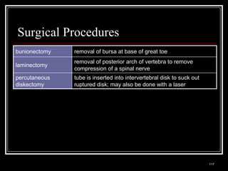 Surgical Procedures
bunionectomy                      removal of bursa at base of great toe
                                  removal of posterior arch of vertebra to remove
laminectomy
                                  compression of a spinal nerve
percutaneous                      tube is inserted into intervertebral disk to suck out
diskectomy                        ruptured disk; may also be done with a laser




  Medical Terminology: A Living Language, Fourth Edition
                                                                                          117
  Bonnie F. Fremgen and Suzanne S. Frucht
 