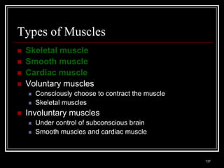Types of Muscles
   Skeletal muscle
   Smooth muscle
   Cardiac muscle
   Voluntary muscles
        Consciously choose to contract the muscle
        Skeletal muscles
   Involuntary muscles
        Under control of subconscious brain
        Smooth muscles and cardiac muscle


Medical Terminology: A Living Language, Fourth Edition
                                                         137
Bonnie F. Fremgen and Suzanne S. Frucht
 