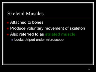 Skeletal Muscles
    Attached to bones
    Produce voluntary movement of skeleton
    Also referred to as striated muscle
          Looks striped under microscope




    Medical Terminology: A Living Language, Fourth Edition
                                                             139
    Bonnie F. Fremgen and Suzanne S. Frucht
 