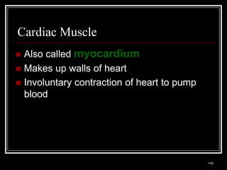 Cardiac Muscle
    Also called myocardium
    Makes up walls of heart
    Involuntary contraction of heart to pump
     blood




    Medical Terminology: A Living Language, Fourth Edition
                                                             145
    Bonnie F. Fremgen and Suzanne S. Frucht
 