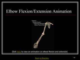 Elbow Flexion/Extension Animation




       Click here to view an animation on elbow flexion and extension.

Medical Terminology: A Living Language, Fourth Edition
                                                                         156
Bonnie F. Fremgen and Suzanne S. Frucht         Back     to Directory
 