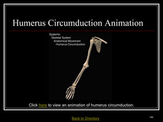 Humerus Circumduction Animation




           Click here to view an animation of humerus circumduction.

Medical Terminology: A Living Language, Fourth Edition
                                                                        165
Bonnie F. Fremgen and Suzanne S. Frucht         Back     to Directory
 