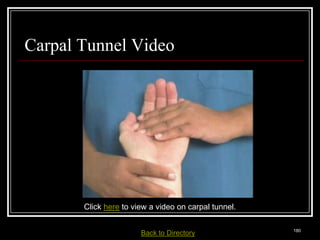 Carpal Tunnel Video




                      Click here to view a video on carpal tunnel.

Medical Terminology: A Living Language, Fourth Edition
                                                                        180
Bonnie F. Fremgen and Suzanne S. Frucht         Back     to Directory
 