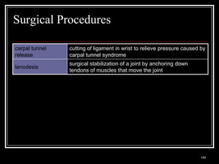 Surgical Procedures

carpal tunnel                    cutting of ligament in wrist to relieve pressure caused by
release                          carpal tunnel syndrome
                                 surgical stabilization of a joint by anchoring down
tenodesis
                                 tendons of muscles that move the joint




  Medical Terminology: A Living Language, Fourth Edition
                                                                                         184
  Bonnie F. Fremgen and Suzanne S. Frucht
 