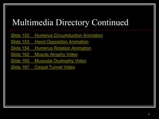 Multimedia Directory Continued
Slide 152          Humerus Circumduction Animation
Slide 153          Hand Opposition Animation
Slide 154          Humerus Rotation Animation
Slide 162          Muscle Atrophy Video
Slide 165          Muscular Dystrophy Video
Slide 167          Carpal Tunnel Video




  Medical Terminology: A Living Language, Fourth Edition
                                                           3
  Bonnie F. Fremgen and Suzanne S. Frucht
 