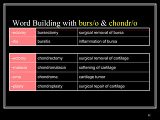 Word Building with burs/o & chondr/o
–ectomy               bursectomy                           surgical removal of bursa

–itis                 bursitis                             inflammation of bursa



–ectomy               chondrectomy                         surgical removal of cartilage

–malacia              chondromalacia                       softening of cartilage

–oma                  chondroma                            cartilage tumor

–plasty               chondroplasty                        surgical repair of cartilage




  Medical Terminology: A Living Language, Fourth Edition
                                                                                           82
  Bonnie F. Fremgen and Suzanne S. Frucht
 