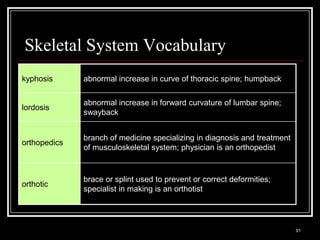 Skeletal System Vocabulary
kyphosis                 abnormal increase in curve of thoracic spine; humpback

                         abnormal increase in forward curvature of lumbar spine;
lordosis
                         swayback


                         branch of medicine specializing in diagnosis and treatment
orthopedics
                         of musculoskeletal system; physician is an orthopedist


                         brace or splint used to prevent or correct deformities;
orthotic
                         specialist in making is an orthotist



  Medical Terminology: A Living Language, Fourth Edition
                                                                                      91
  Bonnie F. Fremgen and Suzanne S. Frucht
 