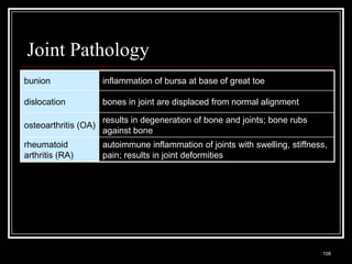 Joint Pathology
bunion                        inflammation of bursa at base of great toe

dislocation                   bones in joint are displaced from normal alignment

                              results in degeneration of bone and joints; bone rubs
osteoarthritis (OA)
                              against bone
rheumatoid                    autoimmune inflammation of joints with swelling, stiffness,
arthritis (RA)                pain; results in joint deformities




  Medical Terminology: A Living Language, Fourth Edition
                                                                                       108
  Bonnie F. Fremgen and Suzanne S. Frucht
 