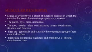 MUSCULAR DYSTROPHY
• Muscular dystrophy is a group of inherited diseases in which the
muscles that control movement progressively weaken.
• The prefix, dys-, means abnormal.
• The root, -trophy, refers to maintaining normal nourishment,
structure and function.
• They are genetically and clinically heterogeneous group of rare
muscle disorders.
• That cause progressive weakness and breakdown of skeletal
muscles over time.
 