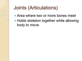 Joints (Articulations)
 Area where two or more bones meet
 Holds skeleton together while allowing
body to move
 