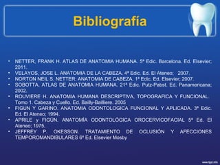 Bibliografía
• NETTER, FRANK H. ATLAS DE ANATOMIA HUMANA. 5ª Edic. Barcelona. Ed. Elsevier;
2011.
• VELAYOS, JOSE L. ANATOMIA DE LA CABEZA. 4ª Edic. Ed. El Ateneo; 2007.
• NORTON NEIL S. NETTER: ANATOMIA DE CABEZA. 1ª Edic. Ed. Elsevier; 2007.
• SOBOTTA. ATLAS DE ANATOMIA HUMANA. 21ª Edic. Putz-Pabst. Ed. Panamericana;
2002.
• ROUVIERE H. ANATOMIA HUMANA DESCRIPTIVA, TOPOGRAFICA Y FUNCIONAL.
Tomo 1. Cabeza y Cuello. Ed. Bailly-Bailliere. 2005
• FIGUN Y GARINO. ANATOMIA ODONTOLOGICA FUNCIONAL Y APLICADA. 3ª Edic.
Ed. El Ateneo; 1994.
• APRILE y FIGÚN. ANATOMÍA ODONTOLÓGICA OROCERVICOFACIAL 5ª Ed. El
Ateneo; 1975.
• JEFFREY P. OKESSON. TRATAMIENTO DE OCLUSIÓN Y AFECCIONES
TEMPOROMANDIBULARES 6ª Ed. Elsevier Mosby
 