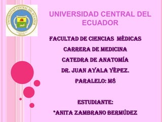 UNIVERSIDAD CENTRAL DEL
       ECUADOR

FACULTAD DE CIENCIAS MÉDICAS
    Carrera de medicina
   CATEDRA DE ANATOMÍA
   DR. JUAN AYALA YÉPEZ.
       PARALELO: M8


        ESTUDIANTE:
 *ANITA ZAMBRANO BERMÚDEZ
 