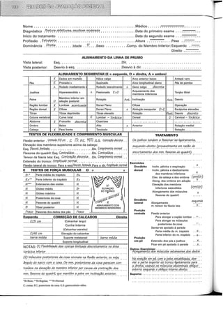 Nome ....................................................Médico .......................... .
Diagnóstico .r:o~tu,r~.d.efeJ~up~~,.e;,s,cç;lfO.Sfi.n:C?t!epp::[~ ................. .Data do primeiro exame ............ .
Início do tratamento ........................................Data do segundo exame ............ .
Profissão . fi'q~uç/fi!J"fie. ........................................Altura .............Peso ..-:-:-:-:-: .. .
Dominância . f?(rqipEJ . ........Idade . .1?. ...Sexo ...........Comp. do Membro Inferior: Esquerdo . -.-.-.-
..
Direito ........ .
ALINHAMENTO DA LINHA DE PRUMO
Vista lateral: Esq................................Dir..................................... .
Vista Desvio à esq. . ......................Desvio à dir.............................. .
ALINHAMENTO SEGMENTAR (E =esquerda, D =direita, A =ambos)
X Dedos em martelo
Pés E Pronado >
A Rodado medialmente
Joelhos Hiperestendido >
Hálux valgo
ISupinado
Rodado lateralmente A
A Flexionado E>D
Arco anterior baixo
Arco longitudinal plano
Geno valgo discreta
Arqueamento dos
membros inferiores
Antepé varo
Pés de pombo
Torção tibial
Pelve
D
Membro inferior em
adução postura!
Rotação Ant. Inclinação Ant. Desvio
Região lombar X Lordose acentuada IDorso Plano ICifose IOperação
Região dorsal X Cifose IDorso Plano A Abdução escapular D>E Escápulas elevadas
Tórax Tórax deprimido Tórax elevado Rotação Post Desvio discreto
Coluna vertebral Curva total E Lombar - Torácica Dorsal D ICervical - Torácica
Abdome X Protraído discreta Cicatrizes 1 ................ .
Ombro Baixo Alto A Anterior Rotação mediai
Cabeça X Para frente ITorcicolo
TESTES DE FLEXIBILIDADE E COMPRIMENTO MUSCULAR
Flexão anterior . V'!liJ;<!d.a.1'(,{5 P!l• ••C .C!J. .P.C. t-J[?J. .G.S. t:;a[l1:~ç_ãq çi[sqr~. ..
Elevação dos membros superiores acima da cabeça:
Esq./?(sç(et;..f(trii!<!!!df!.....•...................Dir. ÇqnJWfnJe,npq /19(11)8} • ••
Flexores do quadril: Esq. ÇqtJt.r.?f.d.o.s. •....•.••.Dir. Çç~;~tr.afcJq:q .....•.•
Tensor da fáscia lata: Esq. Çp[l(:t;a_ç,ã,o,4ipÇfl{~a, ..Dir. ÇqnJp.r!nJe,npq /19~11Ja.l • ••
Extensão do tronco: !1.11Jp.l(t.uç;ly,t'JW!11.6ll............................ .
Flexão lateral do tronco: Para a esqP(sç(et;.,f(t!Jffiaçi?.Para a dir.Atrip.litvt!e.IJqrtn,aJ
E TESTES DE FORÇA MUSCULAR D o e
B-* IParte média do trapézio B+
R+** IParteinferiordotrapézio I R+ ~-
' /
N*** IExtensores das costas N lW N- _ W
N IGlúteo médio B- I ELEVAÇAO I
N IGlúteo máximo I N DO T~ONCO (
------~----------------------+--------- re~~
N IPosteriores da coxa N ~~ e'l-@. 16Ci 1)
N IFlexores do quadril N r~<
0
R
I I ABAIXAMENTO DOS
__
B
____-l-Ti'--ib'--i'--a'--1p"-o-'-s'--t-"-er'-io-'-r-----------l--N
_____ JMEMBROS INFERIORES
Fraco IFlexores dos dedos dos pés I Fraco
Esquerda CORREÇÃO DE CALÇADOS
0,31 em (Calcanhar largo)
Cunha interna
(Calcanhar estreito)
0,46 em Elevação do calcanhar
Direita
barra média I Suporte metatarsal I barra média
I Suporte longitudinal I
NOTAS: (1) .élfi!'!~i(iqi~(ly, q/fif3. Ç9f?t?f3. (itJ1J"f?f!l0?. 0!~~r:e:tfi.I1Y~IJFYJ1"! Ar:e.a. .....
torácica inferior
...................................................................
C?J. .0~~P~!C?!? .P.C?~t;<:r,iq~e;~ .c!E! .CP.><fl. !19!f!!"!i~.l!~.~~f!!~I?."!I'!~Cil?r.. I?I!.~ej~! .... .
â!19~!q .c!~ .s.a,c,r,o. ~9:r! .a. pp~~: P!? .n:'I!!·.P.I?~~t;~~ipr~~-qt;~_c:q~ .P.E!r:e.c.e_ny.C:~~~ .. .
t~"!~d.O.S. !".a. :>!~~a,~~q .t!q .n:'~l!:~~o_ !~~e_r!q~ PP!'.t?t;~~;;~. 0~. ~q~~!"t;if~?. q,o;;, .... .
n:l?": !f.e_xp_r~;;.t!t?.q~z:q:~t,. ':!~~-f!i.<:~t.é.l?".z:.P.~~~~.~~?". i.n_c_lí!"f:i.ç_~q !'.n.~e_r!qr; ...... .
*B=Bom; **R=Regular; ***N=Normal
C: costas; P.C: posteriores da coxa; G.S: gastrocnêmio-sóleo.
1 . . . . . . . . . . . . . . . . . Rotação ......... .
TRATAMENTO
.C!E?)?:>!~q"! .~e.n.t!~l?".é!.~~~ip~~!':E?~J!g_~i~E!f!l.e!"."tfl: ... .
.e.S.qlf~~t!q:::qi!':>!~ {F?:C?~E!~~lf!:~~~~ ~!"! .r!'.Z.~O. çl_o_ ... .
.e.n.C.~r:tfl.l?"~~~.t!C?E?.~?"!"!·. ~~>;q:~S. .t!O. ~.ufl.t!rjl): ..... .
Exercícios
Decúbito
dorsal
Decúbito
X
lnclin. pélvica e respiração
lnclin. pélvica e deslizamento
dos membros inferiores .. :<. ..
Elev. da cabeça e dos ombros (9[1:!(tJr)
Along. dos ombros em adução .. ?'. ..
Elevação dos membros
inferiores estendidos
Alongamento dos músculos
flexores do quadril
X
lateral Alongamento e~~~~~~a
.. X..
Posição
sentada
Posição
m. tensor da fáscia lata
Flexão anterior
Para alongar a região lombar .. :-: ..
Para alongar os músculos
posteriores da coxa
Sentar-se apoiado à parede
Parte média do m. trapézio
Parte inferior do m. trapézio
.. X ..
...x ..
em pé Extensão dos pés e joelhos .. .K..
Ficar em pé apoiado à parede ...X •.
Outros Exercícios: .. ~ ...........•..............•
(!ft;JIJ@~f!!l';~"if? çi_o_s_ !l'}'ff?i?f!~0.8_ ~~l'}f?t;J~t;s_ çl_o_s_ q/y;;/,0.8_ .
N~ r9~!Ç~q:~0:P.~:~~0: ~:é~~~ :~~~~~u!i!!êf~,: ~~~~:::
y-(E:r_ f!l.P."!~ ?!-IP!>r(or.qq.~r9!1P9.1!ge;i~IJ1.e.n.tfi. P.f~ ...
~-qi_ry!f:a1 •'-!~EJI'}qq .C!~ !1'!9?1?1!~0?, ~~q/ÇJ!I'}i!1~!!? .O.~ftçtu,o, ..
!>~Cf!t:? !>~0.u.ert!l?.t; .o.bf1
:t!lP. (n.tfirl!t?.cfir~?~: ........ .
Suporte: ..................•....................
 