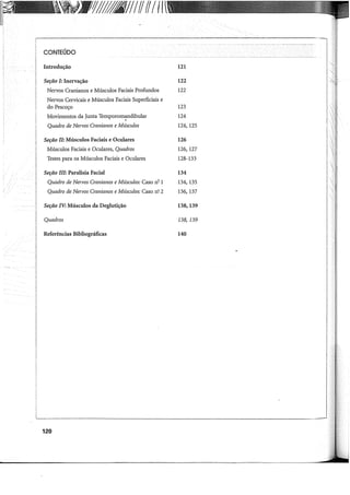YJ/1/fffl/1IffffI((
,---------------------------'--------------------,,~,-,
I
I
I
I
CONTEÚDO
Introdução
Seção I: Inervação
Nervos Cranianos e Músculos Faciais Profundos
Nervos Cervicais e Músculos Faciais Superficiais e
do Pescoço
Movimentos da Junta Temporomandibular
.
Quadro de Nervos Cranianos eMúsculos
Seção II: Músculos Faciais e Oculares
Músculos Faciais e Oculares, Quadros
Testes para os Músculos Faciais e Oculares
Seção III: Paralisia Facial
Quadro de Nervos Cranianos eMúsculos: Caso n~ 1
Quadro de Nervos Cranianos e Músculos: Caso n~ 2
Seção IV: Músculos da Deglutição
Quadros
Referências Bibliográficas
120
121
122
122
123
124
124, 125
126
126, 127
128-133
134
134, 135
136, 137
138,139
138, 139
140
 