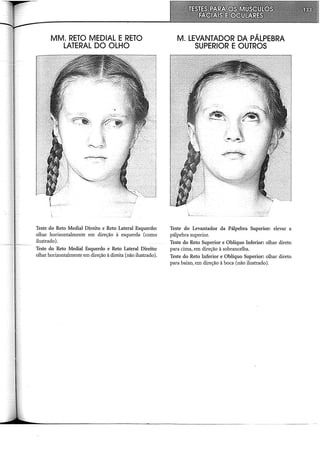 MM. RETO MEDIAL E RETO
LATERAL DO OLHO
Teste do Reto Mediai Direito e Reto Lateral Esquerdo:
olhar horizontalmente em direção à esquerda (como
ilustrado).
Teste do Reto Mediai Esquerdo e Reto Lateral Direito:
olhar horizontalmente em direção à direita (não ilustrado).
M. LEVANTADOR DA PÁLPEBRA
SUPERIOR E OUTROS
Teste do Levantador da Pálpebra Superior: elevar a
pálpebra superior.
Teste do Reto Superior e Oblíquo Inferior: olhar direto
para cima, em direção à sobrancelha.
Teste do Reto Inferior e Oblíquo Superior: olhar direto
para baixo, em direção à boca (não ilustrado).
 