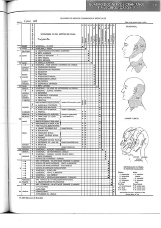 QUADRO DE NERVOS CRANIANOS E MÚSCULOS
Nome: Caso nQ1 Data· uma semana após o início
<r: (/) (/) 2 2 2 2 2 (/)
2 2 2 2
s
"' "' "' "'
SENSORIAL
::>
u (/) (/)
:;;
(/) (/)
cn
::>
"' o
::;;: o
"'
.0:
o o Cl
g
'-'" SENSORIAL (S) OU MOTOR (M) PARA:
"' " .§
<r:
õ ê
o .!2
"'
[2 o :; .:;! o
.!2 E :;; (!)
"' ,e g .g c,
(!)
E " õi
w
Esquerda ·B o o
" tl
"'
o
Cl .!2 :; o
'"' ·c:;
"' o c.
o Cl
" ~
o Ol
(!)
::> .:;! õ. "
.c <1l
" :f
.0:
5 -o o F jE ..: u.. a -JJ; .0:
<r:
;:: > > > ~ x x
"' - = - > X
~
I NARIZ s SENSORIAL OLFATO
•
11 OLHO s SENSORIAL- VISAO
•
PÁLPEBRA M. LEVANTADOR DA PALPEBRA SUPERIOR •
M. RETO SUPERIOR •
111 OLHO M. OBLIQUO INFERIOR • •
M. RETO MEDIAL •
i~~~~.Jit~~
M. RETO INFERIOR •
IV OLHO M. OBLIQUO SUPERIOR •
~ s SENSORIAL FACE E ESTRUT. INTERNAS DA CABEÇA
•
r~~~~~
OUVIDO M. TENSOR DO TIMPANO ID
PALATO M. TENSOR DO VEU PALATINO
•
M. MASSETER
•
MASTI- M.TEMPORAL
•
V GAÇÃO M. PTERIGOIDEO MEDIAL ID
M. PTERIGOIDEO LATERAL
•
SUPRA- M. MILOIOIDEO
•
HIÓIDEO M. DIGASTRICO ANTERIOR •
VI OLHO M. RETO LATERAL
• r'· ~
LNGUA s SENSORIAL PALADAR 213 ANTERIORES DA LINGUA ID 'F
~ s SENSORIAL- OUVIDO EXTERNO
• _)
OUVIDO M. ESTAPEDIO
•
SUPRA- M. DIGASTRICO POSTERIOR
•
HIÓIDEO M. ESTILO-HIOIDEO
•
C. CABELUDO M. OCCIPITAL
~-.o •
MM. INTRINSECOS DO OUVIDO RAMO PÓS-AURICULAR.
·O~ •
>
(!)
M. AURICULAR POSTERIOR N ~
•
u..
l'wr
OUVIDO ;::; M. AURICULAR ANTERIOR •
N
M. AURICULAR SUPERIOR RAMO TEMPORAL •
C. CABELUDO v IM. FRONTAL B N
•
SOBRANCELHA I v M CORRUGADOR DO SUPERáUO RAMOS TEMPORAL B N
•
PÁLPEBRA R M. ORBICULAR DO OLHO E ZIGOMÁTICO B N
•
VIl R M. PROCERO .., IB IN • DERMÁTOMOS
NARIZ ABAIX. DO SEPTO NASAJJP. TRANS. M.NASAL - - •
v PARTETRANS. DO M NASAL.ALAR B N
•
v 9lfi1EliWSOOM213J11ÍliDM'[R B N
•
M. LEVANT. DO LABIO SUP. RAMO BUCAL B IN
•
~~~
v M. BUCINADOR
" I" •
BOCA v M. ORBICULAR BUCAL B B
•
v M. LEVANT. DO ÃNG. BUCAL B B
• I[Jf); /í
v M. RISÓRIO B N
•
v M. DEPRESSOR DO ÃNG. BUCAL B N
• ~3· 6 ~- h-<'?
o M. DEPRESSOR DO LABIO INF. RAMO MANDIBULAR B N ap.r .s' ~ f~
• 1
..,_· ~8 'l:l 'tF
QUEIXO I v M.MENTUAL B B
• f.! :fi?;;'f'l ?:f 9 J 12
~ :f$ <'f 13:J
PESCOÇO! O M. PLATISMA RAMO CERVICAL B N
• ~'?' !0,{ .f s
VIII OUVIDO ' s SENSORIAL- AUDIÇÃO E EGUILIBRIO • '/ , ~o
'  14 .;;;."-<!."
LINGUA s SENSORIAL- 1/3 POSTERIOR DA LINGUA • ,.11~-
IX s SENSORIAL - FARINGE, FAUCES, PALATO MOLE • ~15
FARINGE M. ESTILOFARiNGEO • ventrais dor~ais
- MUSCULOS ESTRIADOS- FARINGE
• ramos

~ MM. ESTRIADOS PALATO MOLE, FARINGE E LARINGE
• principais

~ - MUSCULOS INVOLUNTARIOS- TRATO ALIMENTAR
•
~ - MUSCULOS INVOLUNTARIOS- VIAS AEREAS
• DISTRIBUIÇÃO CUTÃNEA
X ~ MUSCULO CARDIACO INVOLUNTARIO
• DE NERVOS CRANIANOS
~ s SENSORIAL - AURICULAR
•
~ s SENSORIAL TRATO ALIMENTAR
• Oftálmico Maxilar
~ s SENSORIAL - VIAS AEREAS • 1. N. supratroclear 6. N. zigomátioo-
~ s SENSORIAL- VISCERAS ABDOMINAIS E CORAÇAO •
2. N. supra-orbital temporal
3. N. lacrimal 7. N. infra-orbital
PESCOÇO MM. TRAPEZIO E ESTERNOCLEIDOMASTOIDEO
• 4. N. infratroclear 8. N. zigomático·
XI PALATO M. LEVANTADOR DO VEU PALATINO
• 5. N. nasal facial
~ MM. ESTRIADOS- PALATO MOLE, FARINGE E LARINGE
• Mandibular Nervos Cervicais
ESTJLOGLOSSO • 9. N. auriculotemporal 12. N. occipital maior
10. N. bucal 13. N. occipital menor
HIOGLOSSO • 11. N. mentual 14. N. auricular maior
XII LiNGUA GENIOGLOSSO • Reproduzido de GrayS Anatomy of the
INTRÍNSECOS DA LÍNGUA • Human Body, 2fr ed.
© 2005 Florence P. Kendall.
 
