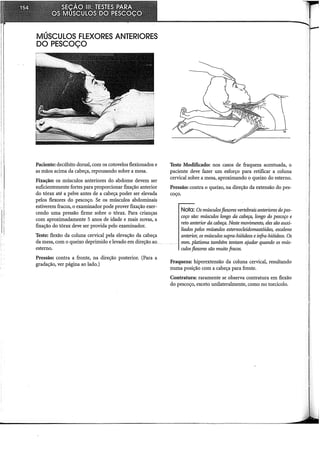 MÚSCULOS FLEXORES ANTERIORES
DO PESCOÇO
Paciente: decúbito dorsal, com os cotovelos flexionados e
as mãos acima da cabeça, repousando sobre a mesa.
Fixação: os músculos anteriores do abdome devem ser
suficientemente fortes para proporcionar fixação anterior
do tórax até a pelve antes de a cabeça poder ser elevada
pelos flexores do pescoço. Se os músculos abdominais
estiverem fracos, o examinador pode prover fixação exer-
cendo uma pressão firme sobre o tórax. Para crianças
com aproximadamente 5 anos de idade e mais novas, a
fixação do tórax deve ser provida pelo examinador.
Teste: flexão da coluna cervical pela elevação da cabeça
da mesa, com o queixo deprimido e levado em direção ao
estemo.
Pressão: contra a fronte, na direção posterior. (Para a
gradação, ver página ao lado.)
Teste Modificado: nos casos de fraqueza acentuada, o
paciente deve fazer um esforço para retificar a coluna
cervical sobre a mesa, aproximando o queixo do estemo.
Pressão: contra o queixo, na direção da extensão do pes-
coço.
Nota: Os músculosf/exares vertebrais anteriores dopes-
coço são: músculos longo da cabeça, longo do pescoço e
reto anterior da cabeça. Neste movimento, eles são auxi-
liados pelos múseulos esternocleidomastóideo, escaleno
anterior, os músculos supra-hióideos einfra-hióideos. Os
mm..platisma também tentam ajudar quando os mús-
culos f/exares são muito fracos.
Fraqueza: hiperextensão da coluna cervical, resultando
numa posição com a cabeça para frente.
Contratura: raramente se observa contratura em flexão
do pescoço, exceto unilateralmente, como no torcicolo.
 
