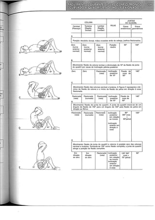 COLUNA
JUNTAS
DO QUADRIL
Cervical Torácica Lombar PELVE Graus Graus
(Pescoço) (Região
Dorsal)
(Região anatômicos geométricos
Lombar)
A
Posição: decúbito dorsal, mãos cruzadas atrás da cabeça, joelhos flexionados.
Zero Zero Zero Posição 50" 130"
(curva (curva (curva neutra
anterior posterior anterior
normal) normal) normal)
B
Movimento: flexão da coluna lombar e diminuição de 10" da flexão da junta
do quadril por causa da inclinação pélvica posterior
Zero Zero Flexionada Inclinação Flexão da 140"
(reta) posterior coxa de
de 10" 50"
c
Movimento: flexão das colunas cervical e torácica. A Figura C representa o tér-
mino da flexão da coluna e o início da flexão da pelve em direção à coxa
flexionada.
Flexionada Flexionada Flexionada Inclinação Flexão da 140"
(reta) (curvada) (reta) posterior coxa de
D
de 10" 50"
Movimento: flexão da junta do quadril. A junta do quadril move-se de um
ângulo de flexão de 140" para um ângulo de 100" pela flexão da pelve em
direção ao fêmur.
Flexionada Flexionada Flexionada Inclinação 80° 100°
(reta) (curvada) (reta) posterior (50" coxa
em relação +
ao tronco 30"pelve)
Inclinação
anterior em
direção à
coxa
E
Movimento: flexão da junta do quadril e retorno à posição zero das colunas
cervical e torácica. Tomando-se 125" como flexão completa, a junta do quadril
atinge a posição de flexão completa.
Em Em Flexionada Inclinação 125" (50" 55"
direção direção (reta) posterior coxa+
ao zero ao zero em relação 75" pelve)
ao tronco
Inclinação
anterior
em direção
à coxa
 