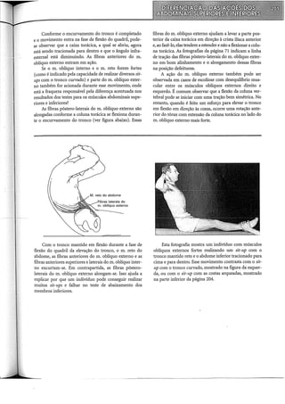 Conforme o encurvamento do tronco é completado
e o movimento entra na fase de flexão do quadril, pode-
se observar que a caixa torácica, a qual se abriu, agora
está sendo tracionada para dentro e que o ângulo infra-
esternal está diminuindo. AI; fibras anteriores do m.
oblíquo externo entram em ação.
Se o m. oblíquo interno e o m. reto forem fortes
(como é indicado pela capacidade de realizar diversos sit-
ups com o tronco curvado) e parte do m. oblíquo exter-
no também for acionada durante esse movimento, onde
está a fraqueza responsável pela diferença acentuada nos
resultados dos testes para os músculos abdominais supe-
riores e inferiores?
AI; fibras póstero-laterais do m. oblíquo externo são
alongadas conforme a coluna torácica se flexiona duran-
te o encurvamento do tronco (ver figura abaixo). Essas
Com o tronco mantido em flexão durante a fase de
flexão do quadril da elevação do tronco, o m. reto do
abdome, as fibras anteriores do m. oblíquo externo e as
fibras anteriores superiores elaterais do m. oblíquo inter-
no encurtam-se. Em contrapartida, as fibras póstero-
laterais do m. oblíquo externo alongam-se. Isso ajuda a
explicar por que um indivíduo pode conseguir realizar
muitos sit-ups e falhar no teste de abaixamento dos
membros· inferiores.
fibras do m. oblíquo externo ajudam a levar a parte pos-
terior da caixa torácica em direção à crista ilíaca anterior
e, ao fazê-lo, elas tendem a estender enão aflexionar acolu-
na torácica. AI; fotografias da página 71 indicam a linha
de tração das fibras póstero-laterais do m. oblíquo exter-
no em bom alinhamento e o alongamento dessas fibras
na posição defeituosa.
A ação do m. oblíquo externo também pode ser
observada em casos de escoliose com desequilfbrio mus-
cular entre os músculos oblíquos externos direito e
esquerdo. É comum observar que a flexão da coluna ver-
tebral pode se iniciar com uma tração bem simétrica. No
entanto, quando é feito um esforço para elevar o tronco
em flexão em direção às coxas, ocorre uma rotação ante-
rior do tórax com extensão da coluna torácica no lado do
m. oblíquo externo mais forte.
Esta fotografia mostra um indivíduo com músculos
oblíquos externos fortes realizando um sit-up com o
tronco mantido reto e o abdome inferior tracionado para
cima e para dentro. Esse movimento contrasta com o sit-
up com o tronco curvado, mostrado na figura da esquer-
da, ou com o sit-up com as costas arqueadas, mostrado
na parte inferior da página 204.
 