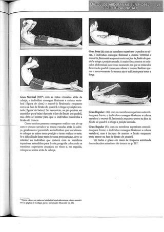 Grau Normal (10)*: com as mãos cruzadas atrás da
cabeça, o indivíduo consegue flexionar a coluna verte-
bral (figura de cima) e mantê-la flexionada enquanto
entra na fase de flexão do quadril e chega à posição sen-
tada (figura de baixo). Se necessário, os pés podem ser
mantidos para baixo durante a fase de flexão do quadril,
mas deve-se atentar para que o indivíduo mantenha a
flexão do tronco.
Como muitas pessoas conseguem realizar um sit-up
com o tronco curvado e as mãos cruzadas atrás da cabe-
ça, geralmente é permitido ao indivíduo que inicialmen-
te coloque as mãos nessa posição e tente realizar o teste.
Se a dificuldade desse teste for uma preocupação, deve-se
solicitar ao indivíduo que comece com os membros
superiores estendidos para frente, progrida colocando os
membros superiores cruzados no tórax e, em seguida,
coloque as mãos atrás da cabeça.
*Veja os valores em palavras (símbolos) equivalentes aos valores numéri-
cos na página de Códigos para a Graduação Muscular (p. 23).
GrauBom (8): com os membros superiores cruzados no tó-
rax, o indivíduo consegue flexionar a coluna vertebral e
mantê-laflexionada enquanto entra nafase deflexão do qua-
dril eatinge aposição sentada.A maior força contra os mús-
culos abdominais ocorre no momento em que os músculos
flexores do quadril começam a elevar o tronco. Realizar ape-
nas o encurvamento do tronco não é suficiente para testar a
força.
Grau Regular+ (6): com os membros superiores estendi-
dos para frente, o indivíduo consegue flexionar a coluna
vertebral e mantê-láflexionada enquanto entra na fase de
flexão do quadril e atinge a posição sentada.
Grau Regular (5): com os membros superiores estendi-
dos para frente, o indivíduo consegue flexionar a coluna
vertebral, mas é incapaz de manter a flexão enquanto
tenta entrar na fase de flexão do quadril.
Ver testes e graus em casos de fraqueza acentuada
dos músculos anteriores do tronco na p. 217.
 