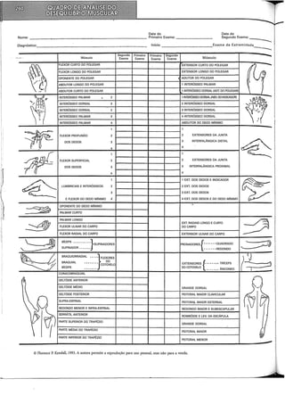 Data do
Nome: ................................................................................................................................... Primeiro Exame: .........................................
Data do
Segundo Exame:
..............................
Diagnóstico:.........................................:................................................................................. Início: Exame da Extremidade
......................................................... .........................
Músculo
FLEXOR CURTO DO POLEGAR
FLEXOR LONGO DO POLEGAR
OPONENTE DO POLEGAR
ABDUTOR LONGO DO POLEGAR
ABDUTOR CURTO DO POLEGAR
INTERÓSSEO PALMAR
INTERÓSSEO DORSAL
INTERÓSSEO DORSAL
INTERÓSSEO PALMAR
INTERÓSSEO PALMAR
Segundo Primeiro Primeiro Segundo
Exame Exame Exame Exame Músculo
EXTENSOR CURTO DO POLEGAR
EXTENSOR LONGO DO POLEGAR
ADUTOR DO POLEGAR
1 INTERÓSSEO PALMAR
1 INTERÓSSEO DORSAL (ADT. DO POLEGAR)
2 11NTERÓSSEO DORSAL (ABD. DO INDICADOR)
3 2 INTERÓSSEO DORSAL
2 3 INTERÓSSEO DORSAL
3 4INTERÓSSEO DORSAL
4 ABDUTOR DO DEDO MINIMO
1 1-----f----+-----1-----11

(
I
-
FLEXOR PROFUNDO 2 1----li----1----+-----+ 2 EXTENSORES DA JUNTA
• DOS DEDOS 3 3 INTERFALÃNGICA DISTAL ~
----~-~~~--~-+--------------------~4-~~------------~~----------~~---_-_-_-_-_++----------~~4----------------------~
~
- 1~1
~
I
FLEXOR SUPERFICIAL 2 2 EXTENSORES DA JUNTA
~----~--~~--~~---l
DOS DEDOS 3 3 INTERFALÃNGICA PROXIMAL
4 4
LUMBRICAIS E INTERÓSSEOS
E FLEXOR DO DEDO MÍNIMO
OPONENTE DO DEDO MÍNIMO
PALMAR CURTO
PALMAR LONGO
FLEXOR ULNAR DO CARPO
FLEXOR RADIAL DO CARPO
2
3
4
BÍCEPS ••••••••• ·} SUPINADORES
SUPINADOR •••••••
BRAQUIORRADIAL •••• }FLEXORES
BRAQUIAL • • • • • • • • COTgeELO
BÍCEPS
CORACOBRAQUIAL
DELTÓIDE ANTERIOR
DELTÓIDE MÉDIO
DELTÓIDE POSTERIOR
SUPRA-ESPINAL
REDONDO MENOR E INFRA-ESPINAL
SERRÁTIL ANTERIOR
PARTE SUPERIOR DO TRAPÉZIO
PARTE MÉDIA DO TRAPÉZIO
PARTE INFERIOR DO TRAPÉZIO
1-----4----1----.J.-.---11 EXT. DOS DEDOS E INDICADOR
1----J---+---.J---~ 2 EXT. DOS DEDOS
3 EXT. DOS DEDOS
~----~---4~---4------+
4 EXT. DOS DEDOS E DO DEDO MÍNIMO
EXT. RADIAIS LONGO E CURTO
DOCARPO
EXTENSOR ULNAR DO CARPO
PRONADORES {'" • • .. • QUADRADO
••• ..... REDONDO
EXTENSORES { .... • • • TRÍCEPS
DO COTOVELO . • ••••••• ÂNCONEO
GRANDE DORSAL
PEITORAL MAIOR CLAVICULAR
PEITORAL MAIOR ESTERNAL
REDONDO MAIOR E SUBESCAPULAR
ROMBÓIDE E LEV. DA ESCÁPULA
GRANDE DORSAL
PEITORAL MAIOR
PEITORAL MENOR
© Florence P. Kendall, 1993. A autora permite a reprodução para uso pessoal, mas não para a venda.
t1
( I ::::J
")
-
 