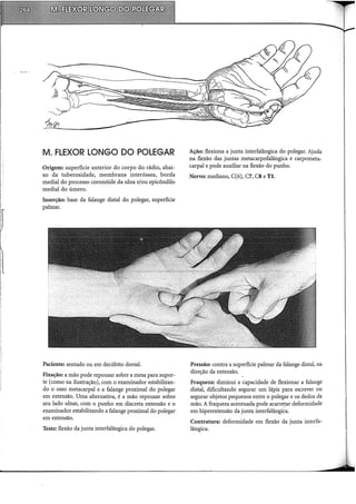 M. FLEXOR LONGO DO POLEGAR
Origem: superfície anterior do corpo do rádio, abai-
xo da tuberosidade, membrana interóssea, borda
mediai do processo coronóide da ulna e/ou epicôndilo
mediai do úmero.
Inserção: base da falange distai do polegar, superfície
palmar.
Paciente: sentado ou em decúbito dorsal.
Fixação: a mão pode repousar sobre a mesa para supor-
te (como na ilustração), com o examinador estabilizan-
do o osso metacarpal e a falange proximal do polegar
em extensão. Uma alternativa, é a mão repousar sobre
seu lado ulnar, com o punho em discreta extensão e o
examinador estabilizando a falange proximal do polegar
em extensão.
Teste: flexão da junta interfalângica do polegar.
Ação: flexiona a junta interfalângica do polegar. Ajuda
na flexão das juntas metacarpofalângica e carpometa-
carpal e pode auxiliar na flexão do punho.
Nervo: mediano, C(6), C7, CS e TI.
Pressão: contra a superfície palmar da falange distai, na
direção da extensão.
Fraqueza: diminui a capacidade de flexionar a falange
distai, dificultando segurar um lápis para escrever ou
segurar objetos pequenos entre o polegar e os dedos da
mão. A fraqueza acentuada pode acarretar deformidade
em hiperextensão da junta interfalângica.
Contratura: deformidade em flexão da junta interfa-
lângica.
 