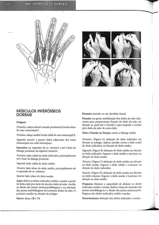 MÚSCULOS INTERÓSSEOS
DORSAIS
Origens:
Primeiro, cabeça lateral: metade proximal da borda ulnar
do osso metacarpal I.
Primeiro, cabeça medial: borda radial do osso metacarpal II.
Segundo, terceiro e quarto: lados adjacentes dos ossos
metacarpais em cada interespaço.
Inserções: na expansão do m. extensor e até a base da
falange proximal, da seguinte maneira:
Primeiro: lado radial do dedo indicador, principalmente
até a base da falange proximal.
Segundo: lado radial do dedo médio.
Terceiro: lado ulnar do dedo médio, principalmente até
a expansão do m. extensor.
Quarto: lado ulnar do dedo anular.
Ação: abduz os dedos indicador, médio e anular a partir
da linha axial por meio do terceiro dedo da mão. Auxilia
na flexão das juntas metacarpofalângicas e na extensão
das juntas interfalângicas dos mesmos dedos da mão. O
primeiro auxilia na adução do polegar.
Nervo: ulnar, C8 e TI.
Paciente: sentado ou em decúbito dorsal.
Fixação: em geral, estabilização dos dedos da mão adja-
centes para proporcionar fixação do dedo da mão em
direção ao qual este é movido e para impedir o auxílio
pelo dedo da mão do outro lado.
Teste e Pressão ou Tração: contra a falange média.
Primeiro: (Figura A) abdução do dedo indicador em
direção ao polegar. Aplicar pressão contra o lado radial
do dedo indicador, na direção do dedo médio.
Segundo: (Figura B) abdução do dedo médio em direção
ao dedo indicador. Segurar o dedo médio e tracionar na
direção do dedo anular.
Terceiro: (Figura C) abdução do dedo médio em direção
ao dedo anular. Segurar o dedo médio e tracionar na
direção do dedo indicador.
Quarto: (Figura D) abdução do dedo anular em direção
ao dedo mínimo. Segurar o dedo anular e tracionar em
direção ao dedo médio.
Fraqueza: diminui a capacidade de abduzir os dedos
indicador, médio e anular. Reduz a força de extensão das
juntas interfalângicas e a flexão das juntas metacarpofa-
lângicas dos dedos indicador, médio e anular.
Encurtamento: abdução dos dedos indicador e anular.
 