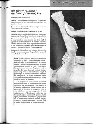 MM. TRÍCEPS BRAQUIAL E
ANCÔNEO (CONTINUAÇÃO)
Paciente: em decúbito ventral.
Fixação: o ombro está a aproximadamente 90° de flexão,
com o membro superior suportado numa posição per-
pendicular à mesa.
Teste: extensão do cotovelo até uma posição levemente
inferior à extensão completa.
Pressão: contra o antebraço, na dir~ção da flexão.
Fraqueza: acarreta incapacidade de estender o antebraço
contra a força da gravidade. Interfere nas funções diárias
que envolvem a extensão do cotovelo, por exemplo, ten-
tar pegar um objeto numa prateleira alta. Causa perda da
capacidade de atirar objetos ou de empurrá-los com o
cotovelo estendido. Além disso, impossibilita o indivíduo
de usar muletas ou bengala, em razão da incapacidade de
estender o cotovelo e transferir o peso para a mão.
Contratura: deformidade em extensão do cotovelo.
Interfere acentuadamente nas funções diárias que envol-
vem a flexão do cotovelo.
Nota: quando o ombro é abduzido horizontalmente
(ver página ao lado), a cabeça longa do m. tríceps é
encurtada sobre as juntas do ombro e do cotovelo.
Quando o ombro é flexionado (aduzido horizontal-
mente), a cabeça longa do m. tríceps é encurtada so-
bre ajunta do cotovelo, mas é alongada sobre a junta
do ombro. Por causa dessa ação em duas juntas, a
cabeça longa torna-se menos eficaz na posição de
pronação por ser encurtada sobre ambas as juntas e,
em conseqüência, o. m. tríceps sofre menos pressão
quando testado na posição de pronação que quando
testado na posição de supinação.
O m. tríceps e o m. ancôneo atuam em conjunto
na extensão da junta do cotovelo, mas deve-se saber
diferenciar esses dois músculos: Como o ventre do
m. ancôneo está abaixo da junta do cotovelo, pode ser
distinguido do m. tríceps na palpação. O ramo do
nervo radialpara oancôneo emergepróximo da região
média do úmero e é bem longo. É possível que uma
lesão envolva apenas esse ramo, não afetando o m. trí-
ceps. A paralisia do m. ancôneo reduz aforça de exten-
são do cotovelo. Pode-se observar que uma boa força
de extensão do cotovelo é realmente o resultado de um
m. tríceps normal e de um m. ancôneo paralisado.
 