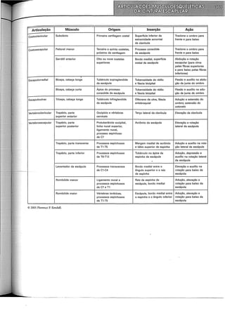 :- Articulação Músculo Origem Inserção Ação
costoclavicular Subclávio Primeira cartilagem costal Superfície inferior da Traciona o ombro para
extremidade acromial frente e para baixo
da clavícula
costoescapular Peitoral menor Terceira a quinta costelas, Processo coracóide Traciona o ombro para
próximo da cartilagem da escápula frente e para baixo
Serrátil anterior Oito ou nove costelas Bordo mediai, superfície Abdução e rotação
superiores costal da escápula escapular (para cima
pelas fibras superiores
e para baixo pelas fibras
inferiores)
.
Escapulorradial Bíceps, cabeça longa Tubérculo supraglenóide Tuberosidade do rádio Flexão e auxílio na abdu-
da escápula e fáscia bicipital ção da junta do ombro
Bíceps, cabeça curta Ápice do processo Tuberosidade do rádio Flexão e auxílio na adu-
coracóide da escápula e fáscia bicipital ção da junta do ombro
Escapuloulnar Tríceps, cabeça longa Tubérculo infraglenóide Olécrano da ulna, fáscia Adução e extensão do
da escápula antebraquial ombro; extensão do
cotovelo
Vertebroclavicular Trapézio, parte Occipício e vértebras Terço lateral da clavícula Elevação da clavícula
superior anterior cervicais
Vertebroescapular Trapézio, parte Protuberância occipital, Acrômio da escápula Elevação e rotação
superior posterior linha nuca! superior, lateral da escápula
ligamento nuca!,
processo espinhoso
de C7
Trapézio, parte transversa Processos espinhosos Margem mediai do acrômio Adução e auxílio na rota-
de T1-T5 e lábio superior da espinha ção lateral da escápula
Trapézio, parte inferior Processos espinhosos Tubérculo no ápice da Adução, depressão e
de T6-T12 espinha da escápula auxílio na rotação lateral
. da escápula
Levantador da escápula Processos transversos Bordo mediai entre o Elevação e auxílio na
de C1-C4 ângulo superior e a raiz rotação para baixo da
da espinha escápula
Rombóide menor Ligamento nuca! e Raiz da espinha da Adução, elevação e
processos espinhosos escápula, bordo mediai rotação para baixo da
de C7 e T1 escápula
Rombóide maior Vértebras torácicas, Escápula, bordo mediai entre Adução, elevação e
processos espinhosos a espinha e o ângulo inferior rotação para baixo da
de T1-T5 escápula
© 2005 Florence P. Kendall.
---~"--------~-----------------------------
 